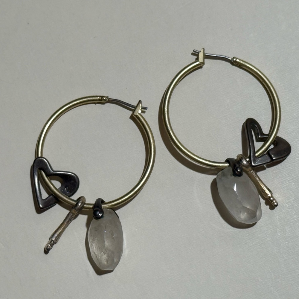 Fossil Gold and Silver Hoop Earrings with Heart & Key Charm EUC